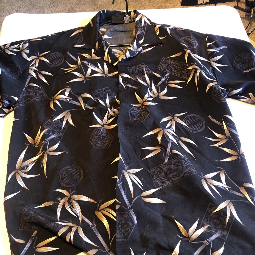 Silver Point Hawaiian Shirt Button Up Extra Large‎ Black Short Sleeve Bamboo